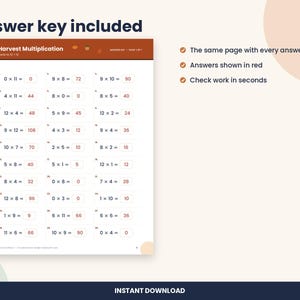 Puede incluir: Una hoja de ejercicios de multiplicaci&oacute;n Harvest con problemas matem&aacute;ticos y respuestas impresas en rojo. El documento incluye un encabezado, una lista numerada de multiplicaciones hasta 12 y una secci&oacute;n Answer Key en la esquina.