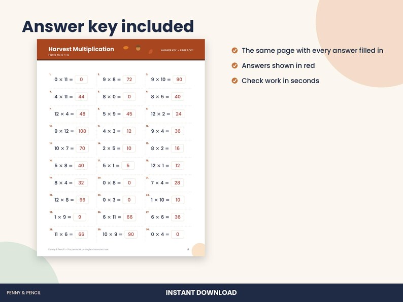 Puede incluir: Una hoja de ejercicios de multiplicaci&oacute;n Harvest con problemas matem&aacute;ticos y respuestas impresas en rojo. El documento incluye un encabezado, una lista numerada de multiplicaciones hasta 12 y una secci&oacute;n Answer Key en la esquina.