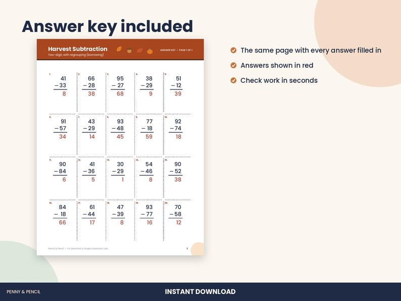 Thanksgiving 2-Digit Subtraction with Regrouping Worksheet, 2nd Grade (PDF Download) image 3