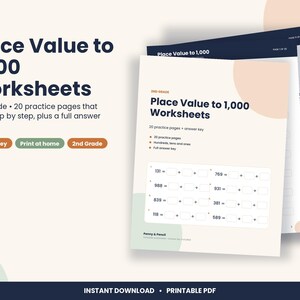 May include: A set of Place Value to 1,000 Worksheets for 2nd grade, featuring 20 practice pages and an answer key. The pages include math problems with three-digit numbers to be broken down into hundreds, tens, and ones, with a clean layout.