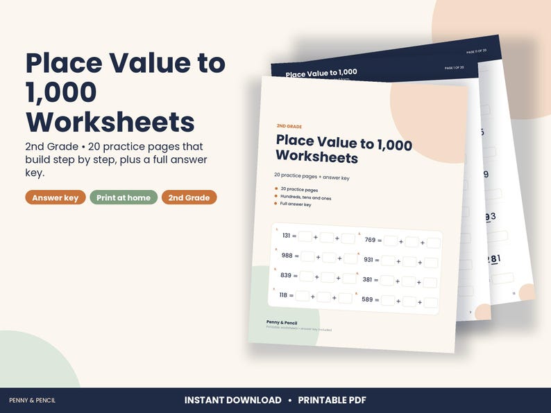 May include: A set of Place Value to 1,000 Worksheets for 2nd grade, featuring 20 practice pages and an answer key. The pages include math problems with three-digit numbers to be broken down into hundreds, tens, and ones, with a clean layout.