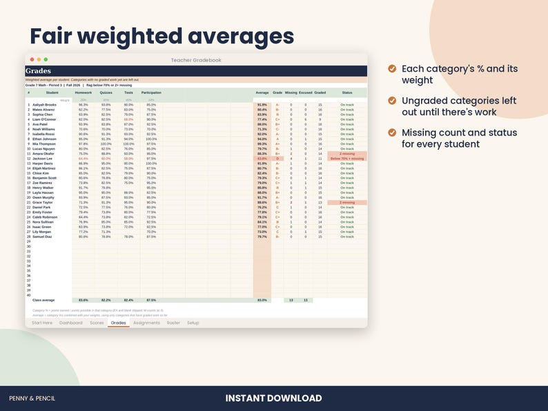 Teacher Gradebook Spreadsheet, Weighted Grade Calculator for Excel & Google Sheets Bild 4
