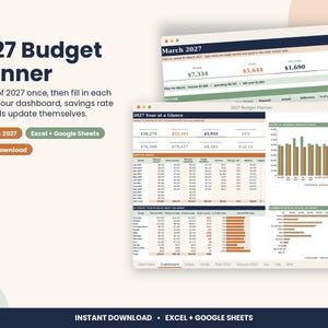 2027 Budget Planner Spreadsheet, Annual Budget with Monthly Tabs for Excel & Google Sheets