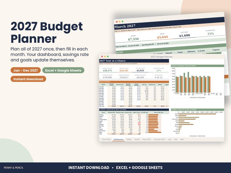 2027 Budget Planner Spreadsheet, Annual Budget with Monthly Tabs for Excel & Google Sheets image 1