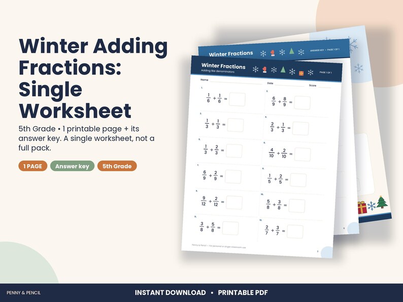 Christmas Adding Fractions Worksheet, 5th Grade Winter Math (PDF Download) imagen 1