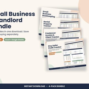 May include: A digital bundle of four business templates including Small Business Bookkeeping, Rental Property Tracker, Freelancer Invoice & Client Tracker, and Etsy Seller Profit Tracker, compatible with Excel and Google Sheets.