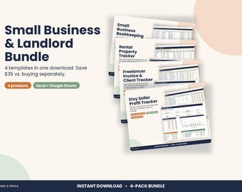 Può includere: Un pacchetto digitale di quattro modelli aziendali che include Small Business Bookkeeping, Rental Property Tracker, Freelancer Invoice & Client Tracker ed Etsy Seller Profit Tracker, compatibile con Excel e Google Sheets.