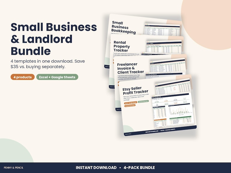 May include: A digital bundle of four business templates including Small Business Bookkeeping, Rental Property Tracker, Freelancer Invoice & Client Tracker, and Etsy Seller Profit Tracker, compatible with Excel and Google Sheets.