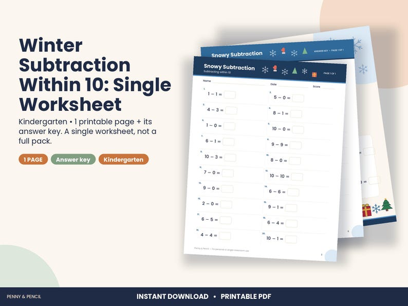 Christmas Subtraction Within 10 Worksheet, Kindergarten Winter Math (PDF Download) image 1