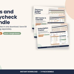Bill Tracker and Paycheck Budget Bundle, 3 Spreadsheets for Excel & Google Sheets