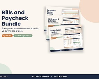 Bill Tracker and Paycheck Budget Bundle, 3 Spreadsheets for Excel & Google Sheets