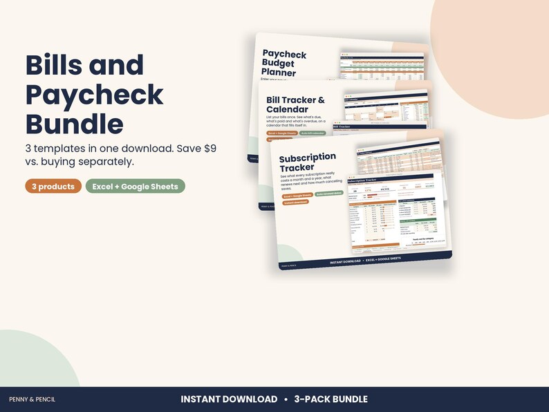 Pu&ograve; includere: Un pacchetto digitale che include un pianificatore di budget, un tracker di fatture e calendario, e un tracker di abbonamenti. Il testo riporta Bills and Paycheck Bundle, 3 templates in one download, 3 products, Excel + Google Sheets.