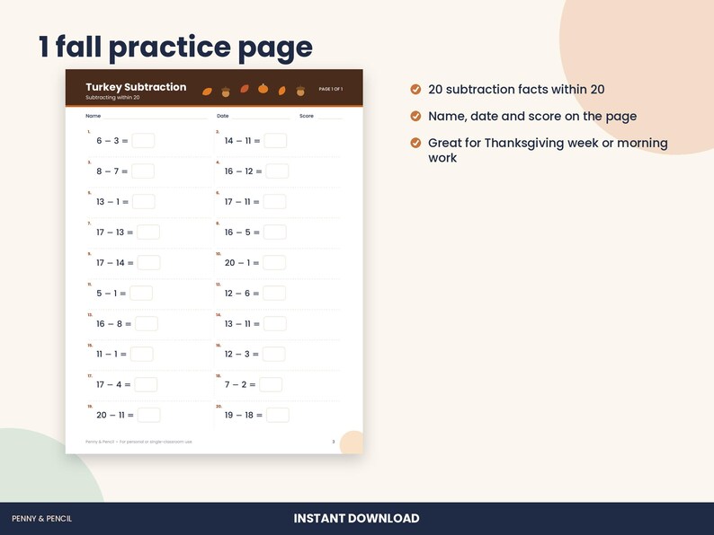Thanksgiving Subtraction Within 20 Worksheet, 1st Grade Fall Math (PDF Download) image 2