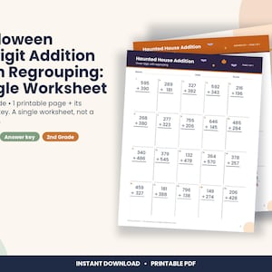 May include: A printable Halloween-themed math worksheet titled Haunted House Addition with three-digit addition problems requiring regrouping. The document includes a header with the title, space for name, date, and score, and twenty math problems.