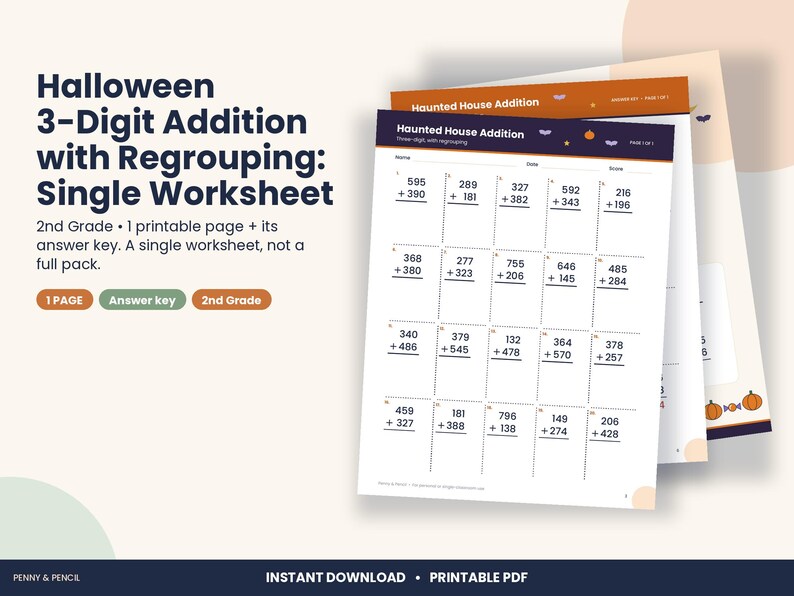 May include: A printable Halloween-themed math worksheet titled Haunted House Addition with three-digit addition problems requiring regrouping. The document includes a header with the title, space for name, date, and score, and twenty math problems.