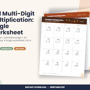 May include: A printable 4th grade math worksheet titled Fall Multi-Digit Multiplication: Single Worksheet. The document features a grid of multiplication problems, including 3-digit by 1-digit and 2-digit by 2-digit equations, plus an answer key.