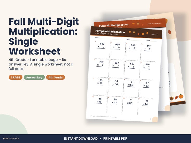 May include: A printable 4th grade math worksheet titled Fall Multi-Digit Multiplication: Single Worksheet. The document features a grid of multiplication problems, including 3-digit by 1-digit and 2-digit by 2-digit equations, plus an answer key.
