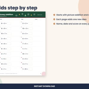 May include: A Snowy Addition math worksheet featuring twenty addition problems with blank boxes for answers. The header includes the text Snowy Addition, Adding within 20, and page 9 of 20, decorated with small stars and snowflakes.