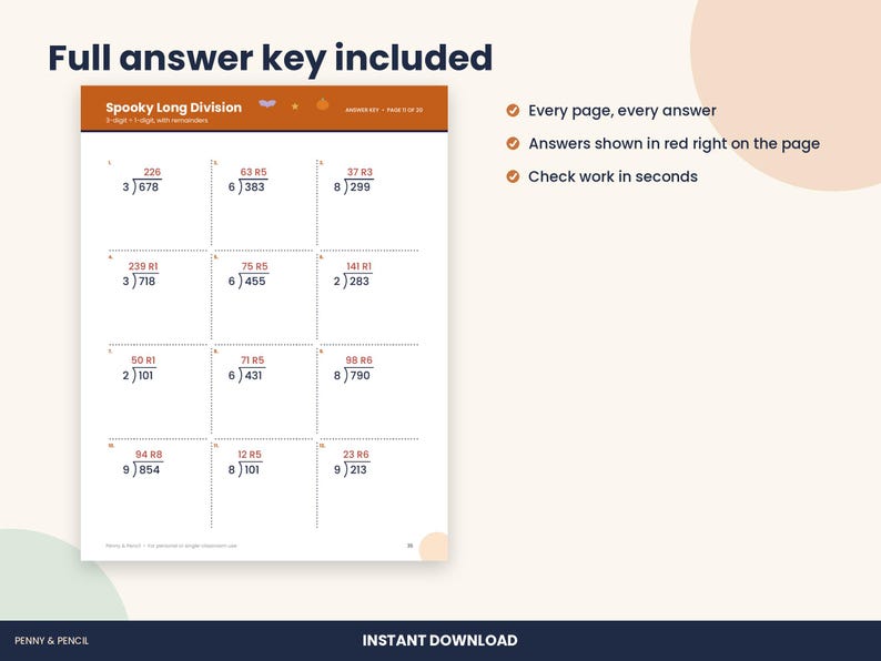 Halloween Math Worksheets, 4th and 5th Grade Long Division, Fractions (PDF Download) image 3