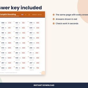 May include: A Pumpkin Rounding maths worksheet with an answer key. The page features a list of numbers to be rounded, with the original black numbers and the red rounded answers. The header reads Pumpkin Rounding and Answer Key.
