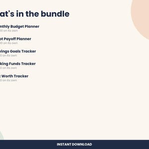 May include: A digital bundle list titled What's in the bundle, featuring five numbered items: Monthly Budget Planner, Debt Payoff Planner, Savings Goals Tracker, Sinking Funds Tracker, and Net Worth Tracker, with Penny & Pencil branding.