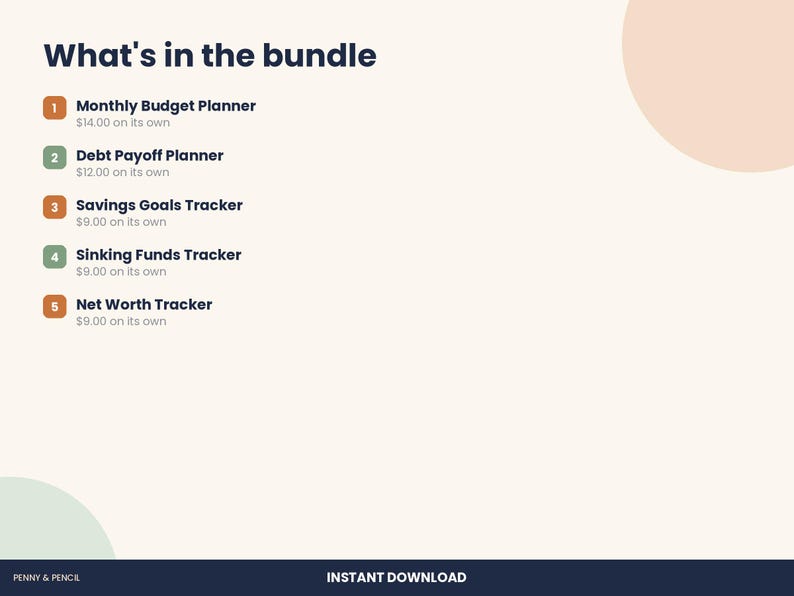 May include: A digital bundle list titled What's in the bundle, featuring five numbered items: Monthly Budget Planner, Debt Payoff Planner, Savings Goals Tracker, Sinking Funds Tracker, and Net Worth Tracker, with Penny & Pencil branding.