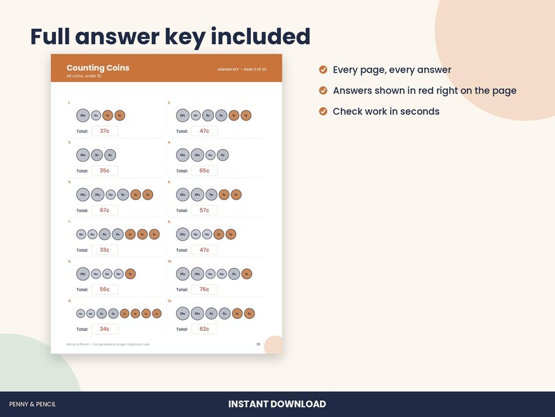 Schede di lavoro per contare le monete, matematica con i soldi per la prima e la seconda elementare, con soluzioni (download in PDF) immagine 3