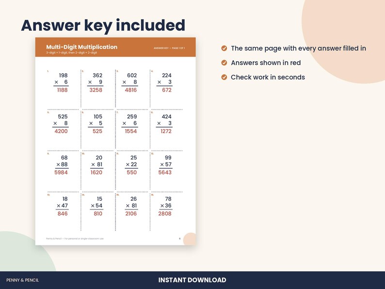 4th Grade Multi-Digit Multiplication Worksheet, 3x1 and 2x2 Digit (PDF Download) image 3