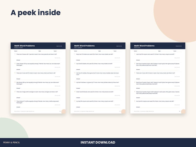 Op de afbeelding: Drie witte pagina's met wiskundige tekstproblemen met donkerblauwe koppen getiteld Math Word Problems. Elke pagina bevat een lijst met genummerde rekenvragen met lege regels voor de antwoorden en de tekst A peek inside.