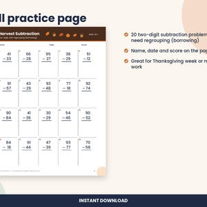 Thanksgiving 2-Digit Subtraction with Regrouping Worksheet, 2nd Grade (PDF Download) image 2