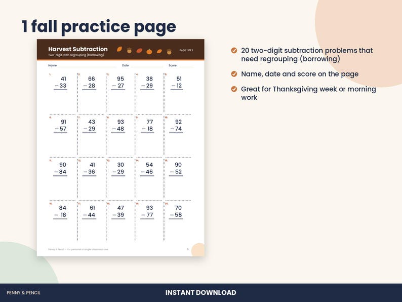 Thanksgiving 2-Digit Subtraction with Regrouping Worksheet, 2nd Grade (PDF Download) image 2