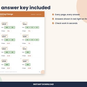 Making Change Worksheets, 2nd and 3rd Grade Money Math, Answer Key (PDF Download) image 3