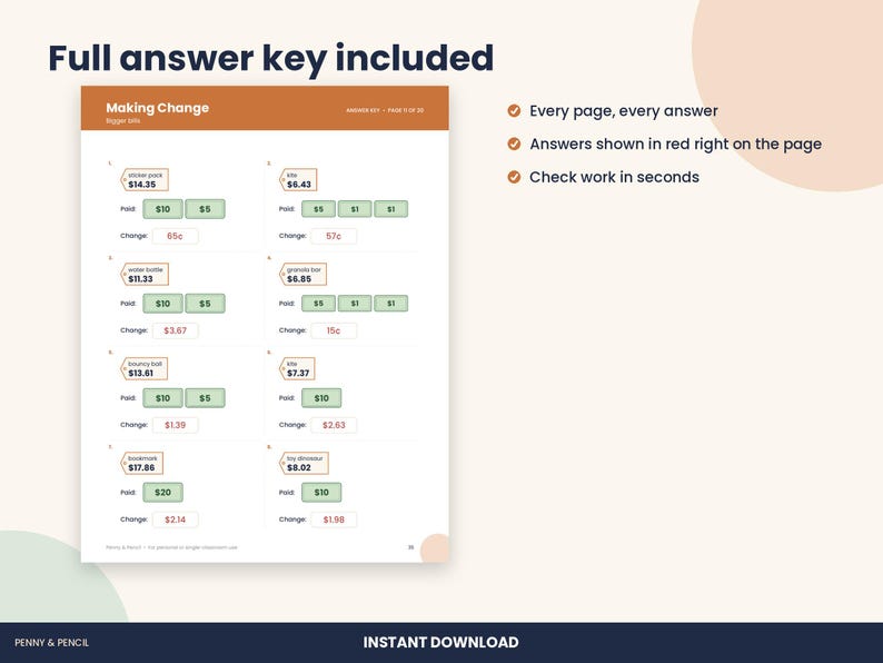 Making Change Worksheets, 2nd and 3rd Grade Money Math, Answer Key (PDF Download) image 3