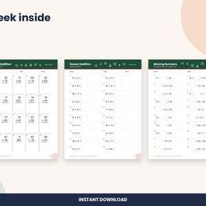 May include: Three educational math worksheets with a dark green header featuring snowflake and tree icons. The pages are titled Two-Digit Addition, Snowy Addition, and Missing Numbers, containing various arithmetic problems for students.