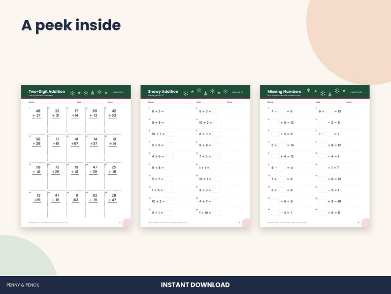 May include: Three educational math worksheets with a dark green header featuring snowflake and tree icons. The pages are titled Two-Digit Addition, Snowy Addition, and Missing Numbers, containing various arithmetic problems for students.