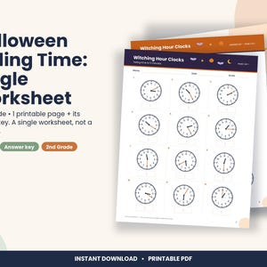 Hoja de trabajo para aprender a decir la hora en Halloween, de 2.º grado a 5 minutos (descarga en PDF)