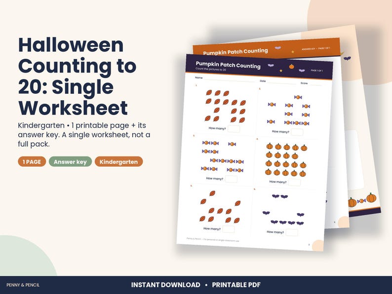 Halloween Counting to 20 Worksheet, Kindergarten Math (PDF Download) imagen 1