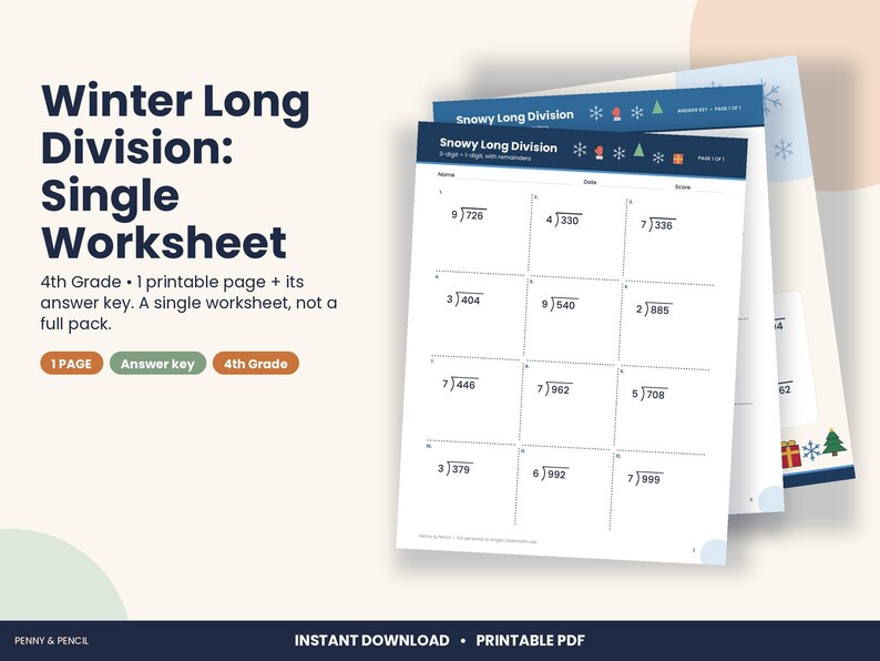 Christmas Long Division Worksheet, 4th Grade Winter Math (PDF Download) image 1