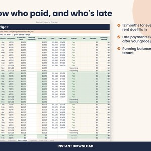 以下が含まれることがあります： Rent Ledgerというタイトルの賃貸物件追跡用デジタルスプレッドシート。表には、物件、月、期日、予定賃料、賃料、支払額、支払日、ステータス、遅延、残高、および繰越残高の列が表示されています。2026年のデータが含まれています。