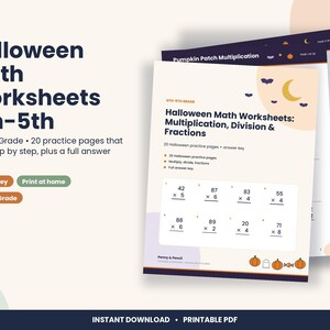 Halloween Math Worksheets, 4th and 5th Grade Long Division, Fractions (PDF Download) image 1