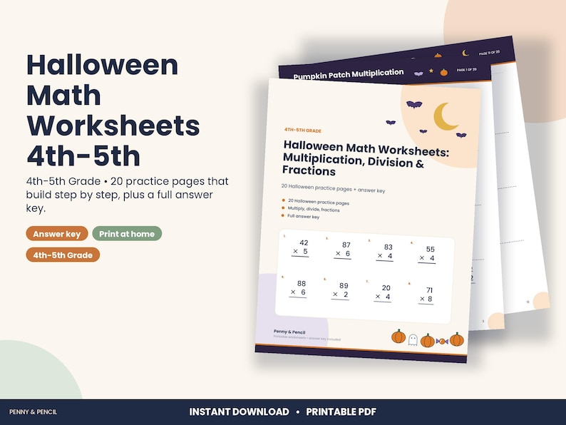 Halloween Math Worksheets, 4th and 5th Grade Long Division, Fractions (PDF Download) image 1