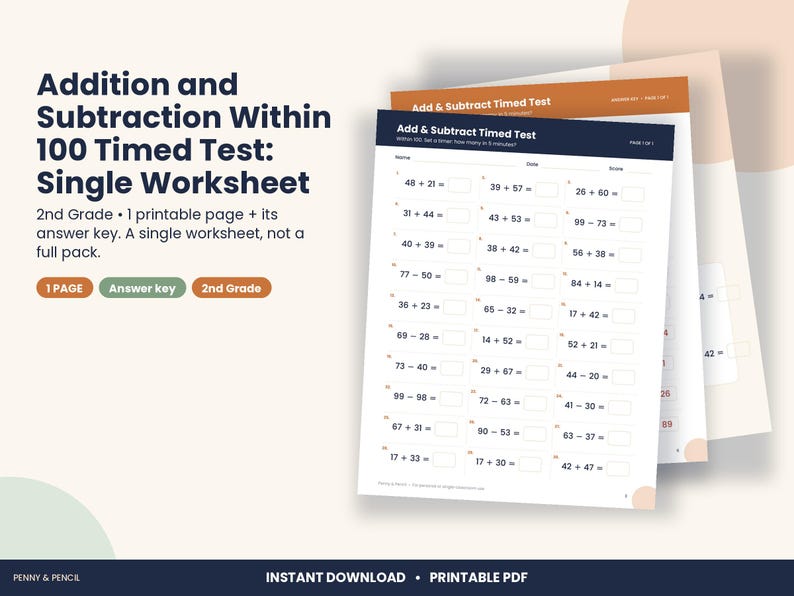 Op de afbeelding: Een printbaar werkblad voor wiskunde getiteld Addition and Subtraction Within 100 Timed Test, met kolommen met vergelijkingen en lege vakjes voor antwoorden, plus een antwoordblad met ruimtes voor naam, datum en score.