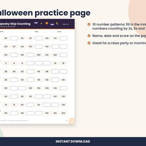 May include: A Halloween-themed educational practice page titled Spooky Skip Counting with ten rows of number sequences. The worksheet includes blank boxes for filling in missing numbers by 2s, 5s, and 10s, with fields for name, date, and score.