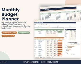 Monthly Budget Planner Spreadsheet with Dashboard for Excel & Google Sheets