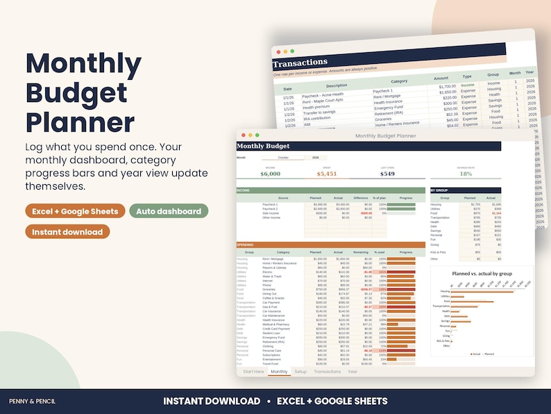Monthly Budget Planner Spreadsheet with Dashboard for Excel & Google Sheets image 1
