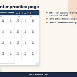 Pu&ograve; includere: Un foglio di esercizi stampabile intitolato 1 winter practice page con Snowflake Addition, contenente 20 problemi di addizione a due cifre che richiedono il riporto. La pagina include campi per nome, data e punteggio.