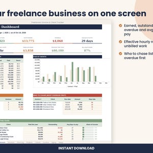 May include: A digital freelance dashboard interface titled Your freelance business on one screen, displaying financial metrics, monthly income charts, an aging unpaid invoice table, and a top clients list for Jordan Reyes Design.