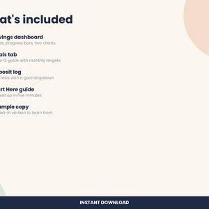 May include: A digital product information graphic titled What's included, listing five features: Savings dashboard with totals and charts, Goals tab, Deposit log with 500 rows, Start Here guide, and Example copy. The text Penny & Pencil is at the bottom.