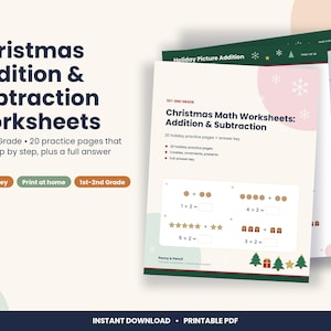 May include: Christmas Addition & Subtraction Worksheets for 1st-2nd grade featuring 20 practice pages. The printable PDF includes math problems with holiday graphics like cookies, ornaments, and presents, plus a full answer key.