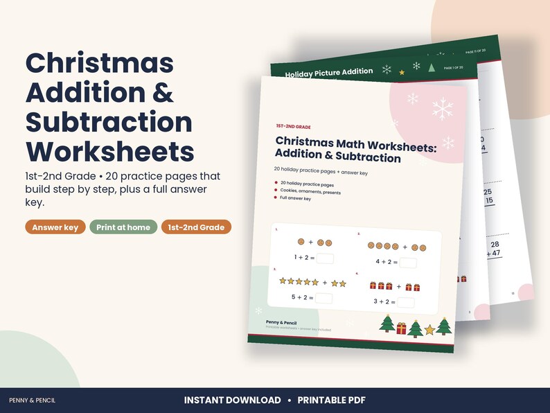 May include: Christmas Addition & Subtraction Worksheets for 1st-2nd grade featuring 20 practice pages. The printable PDF includes math problems with holiday graphics like cookies, ornaments, and presents, plus a full answer key.